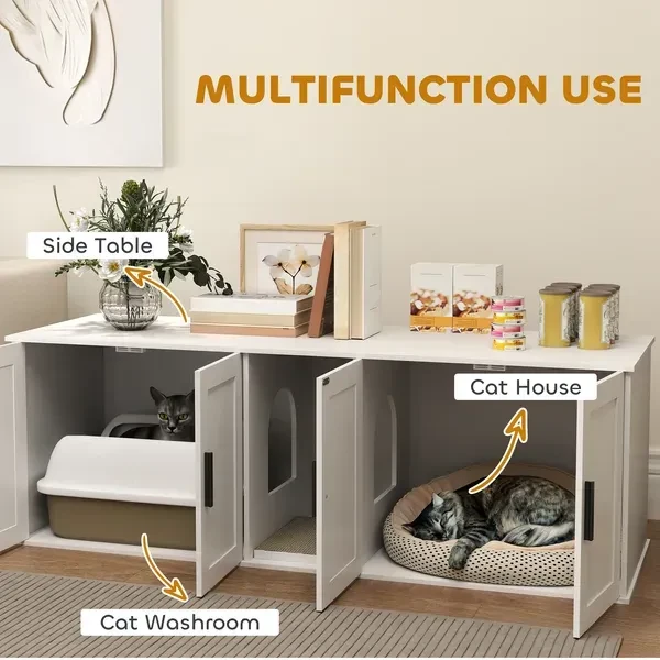 Cat Litter Box Enclosure With Double Room, Scratching Mat For 2 Cats