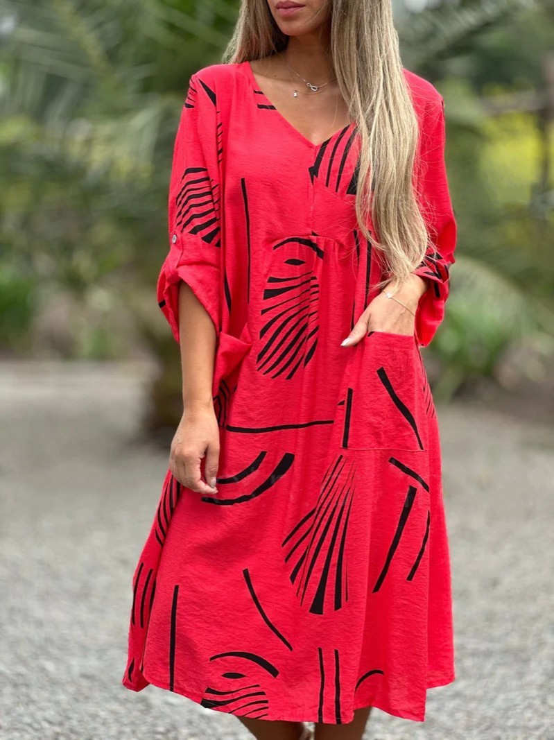 V Neck Long Sleeve Dress Casual Loose Straight Dress