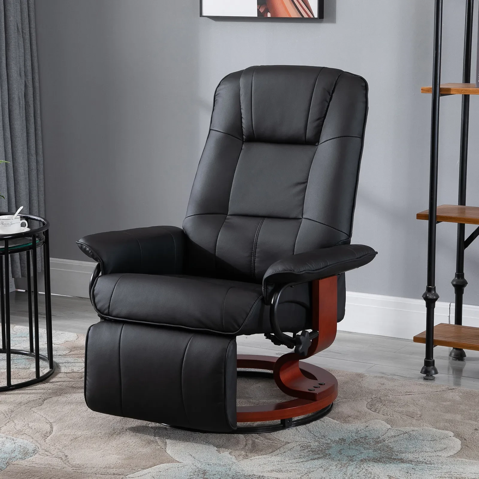 Living Room Relaxation Black Faux Leather Swivel Recliner With Adjustable Footrest
