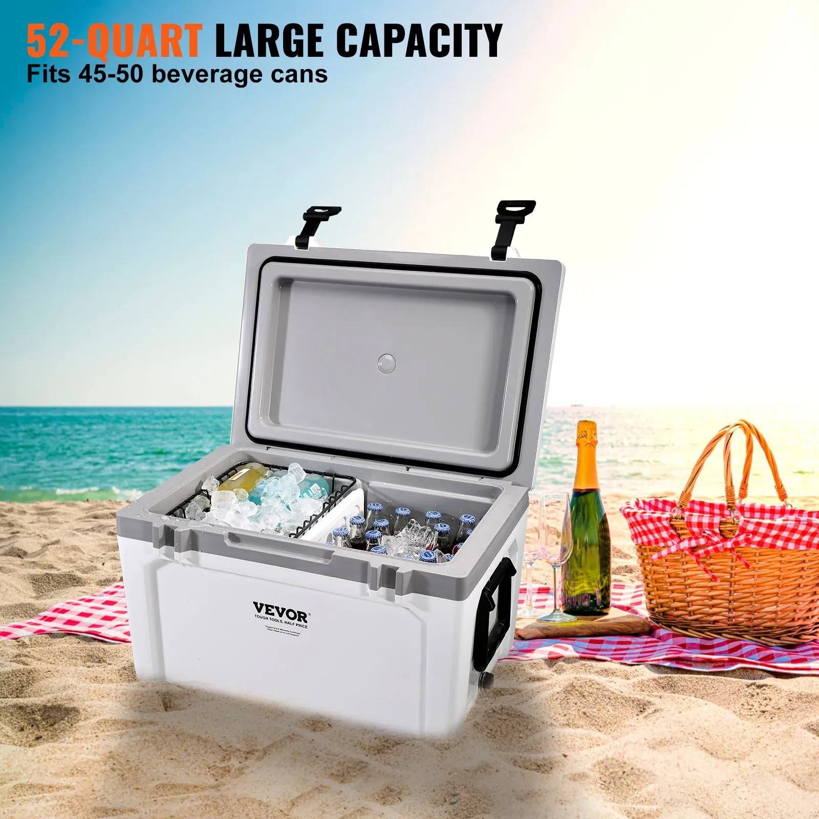 Insulated Portable Cooler, 52 Qt, Holds 50 Cans, Ice Retention Hard Cooler With Heavy Duty Handle, Ice Chest Lunch Box For Camping, Beach, Picnic, Travel, Outdoor, Keeps Cool For Up To 6 Days