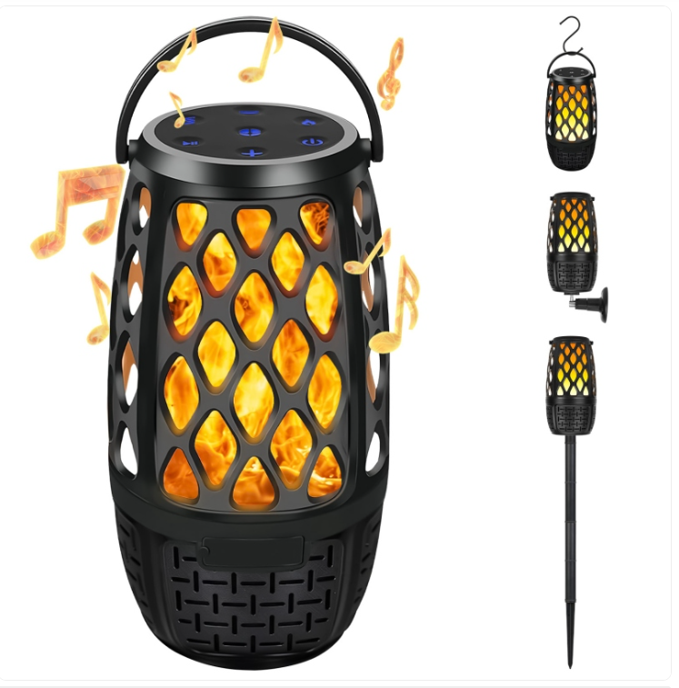 1Pc 4 In 1 Wireless 5.3 Outdoor Speaker IPX5 Waterproof Patio Speaker LED Flame Speaker With 3 Flame Light Modes Hook Stake Wall Mount Holder Sync Up To 1,00 Speakers