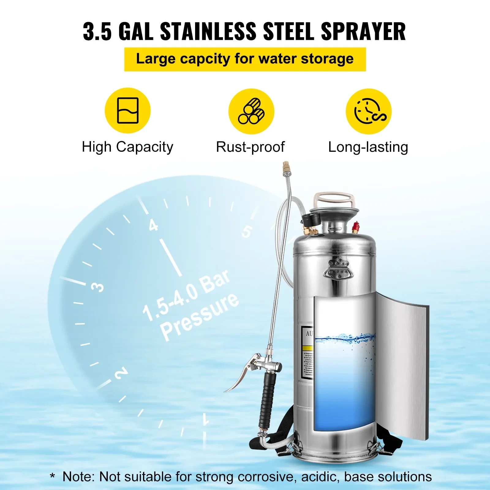 VEVOR 3.5Gal Stainless Steel Sprayer,l Set With 20 Wand Handle 3FT Reinforced Hose, HandPump Sprayer With Pressure Gauge&Safety Valve, Adjustable Nozzle Suitable For Gardening& Sanitizing