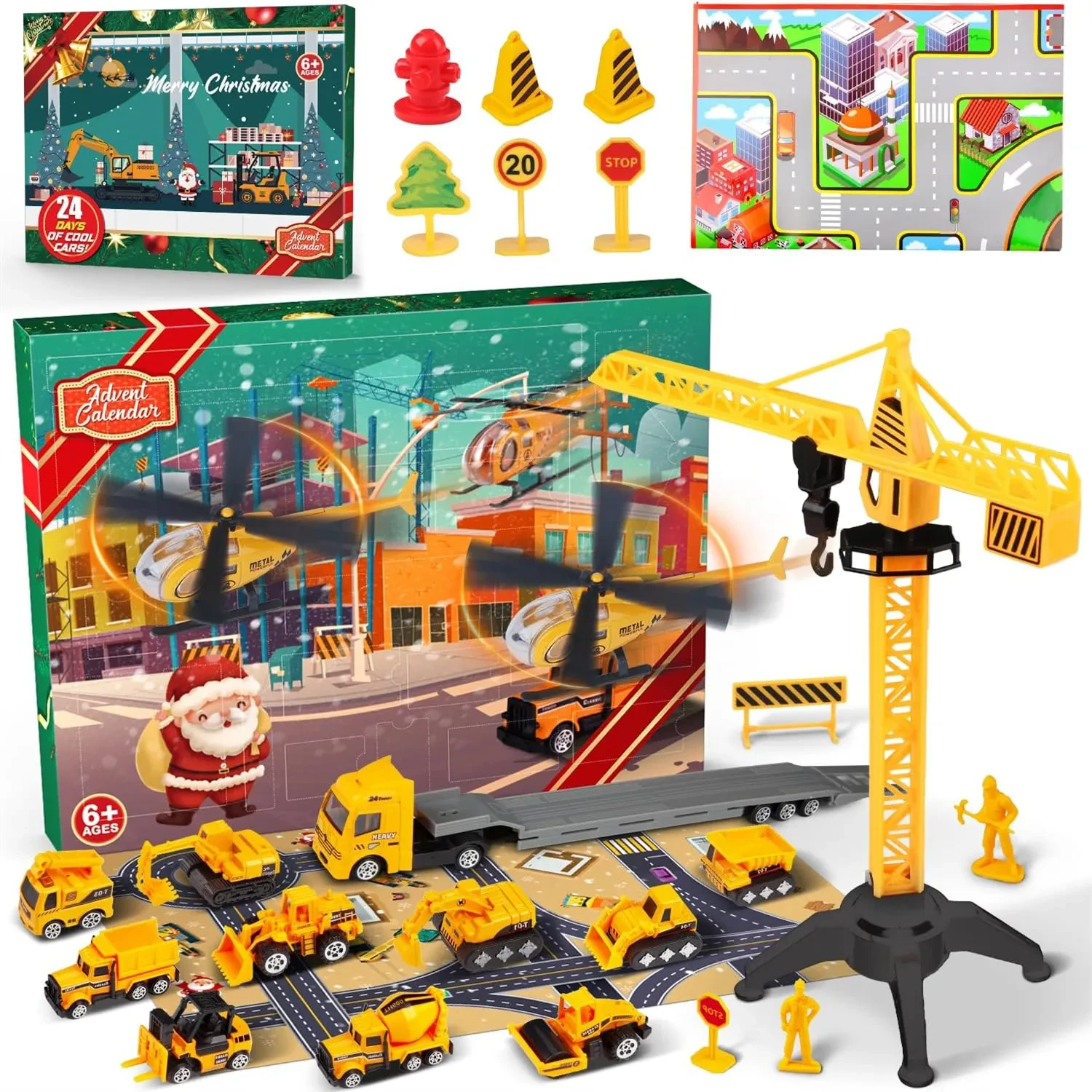 Advent Calendar Christmas Countdown Calendar For Kids, 24PCS Cartoon Engineering Vehicle Playset, Christmas Gifts Toys For 6 Year Old Boys And Girls