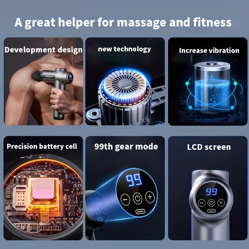 Massage Gun Quiet Percussion, 8 Heads, USB Rechargeable, Ideal for Back, Legs & Buttocks