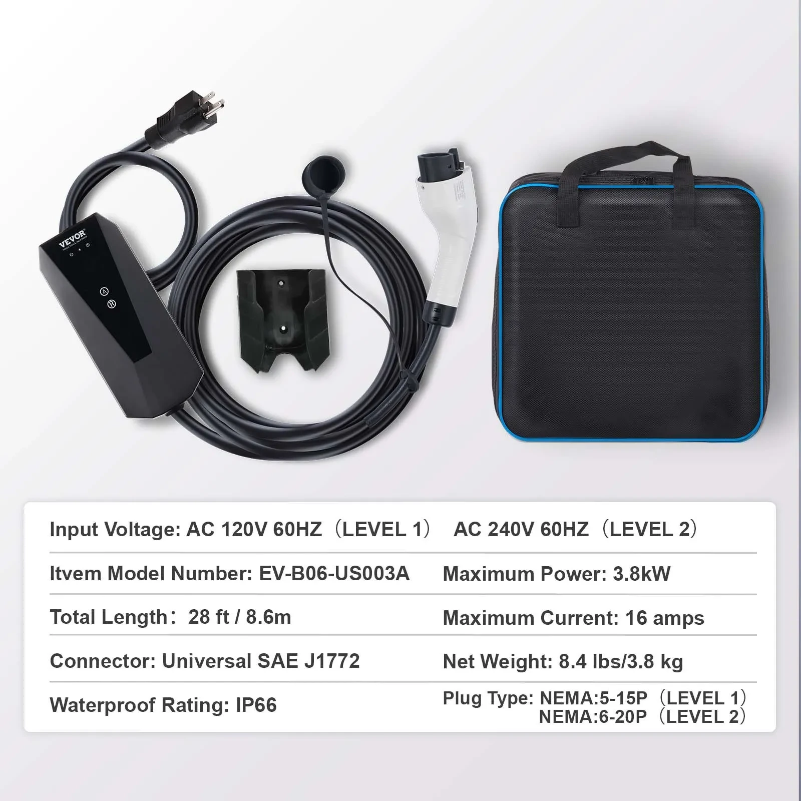 Portable EV Charger, 16 Amp 120V Or 240V, Electric Vehicle Charger With 28-Foot Charging Cable NEMA 6-20P Plug NEMA 5-15 Adapter, Plug-in Home EV Charging Station For SAE J1772 EVs
