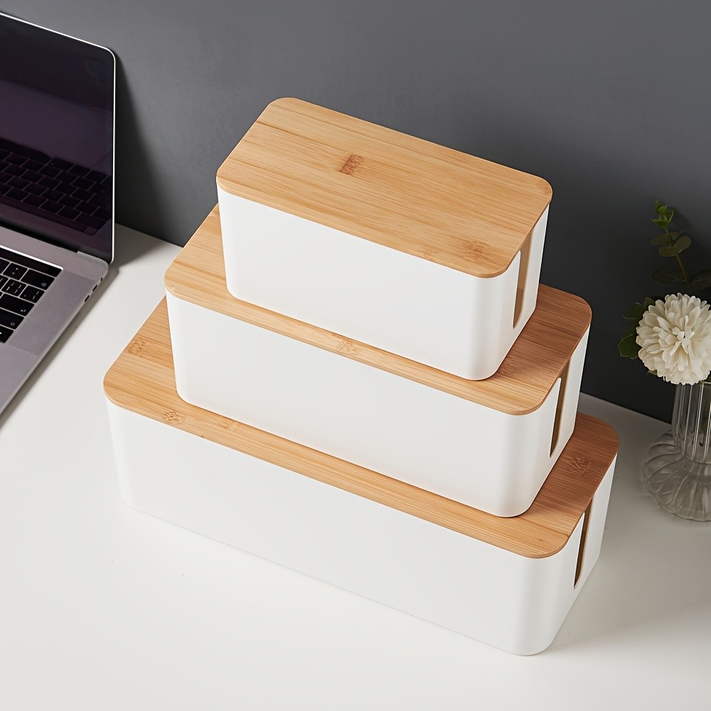 JCJX 3pcs Space-Saving Cable Organizer Boxes with Bamboo Lids