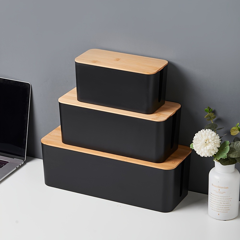 JCJX 3pcs Space-Saving Cable Organizer Boxes with Bamboo Lids