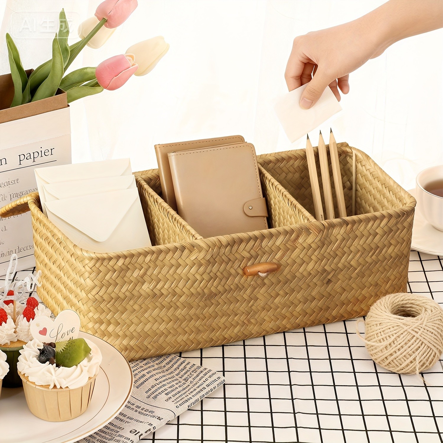 MILITWO Rectangle Desktop Storage Box with 3 Compartments and Cover