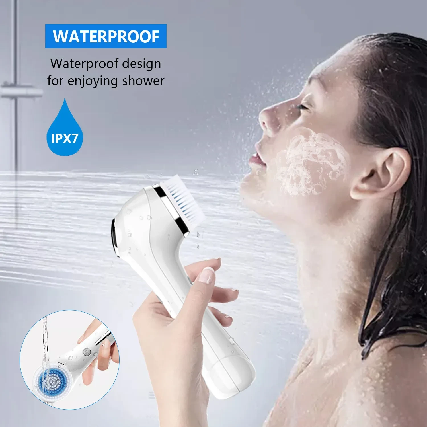 Facial Cleansing Brush, Brush For Exfoliating, IPX7 Waterproof 3 In 1 For Massaging, Deep Cleansing Rechargeable With 4 Brush Head Replacements, White