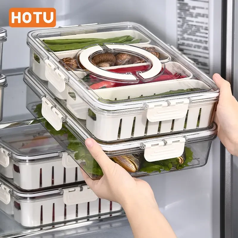 HOTU 4-Section Refrigerator Storage Container Fresh-Keeping, Multifunctional & Durable