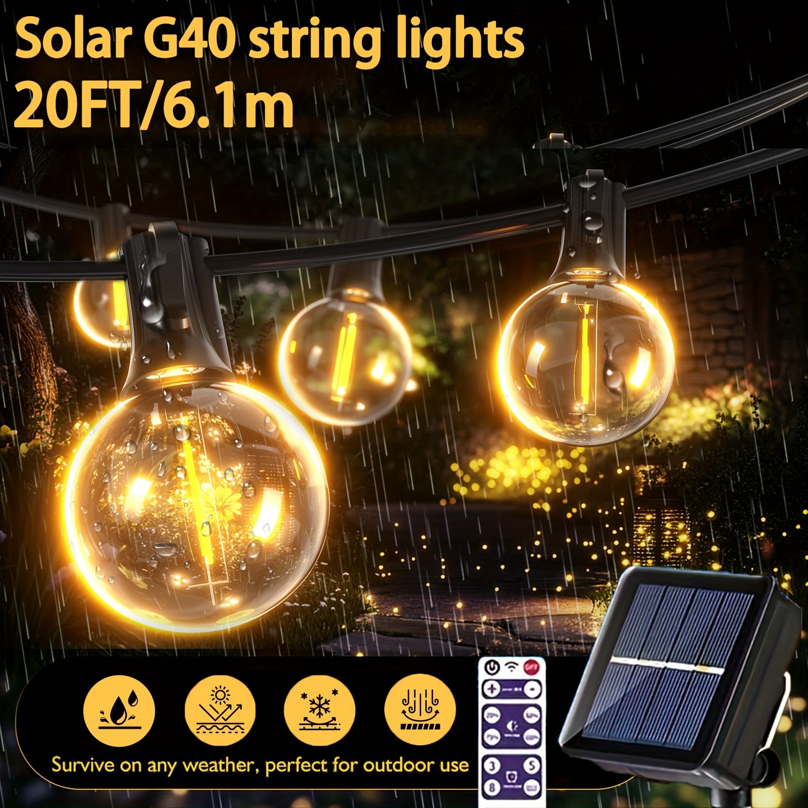 FIBRAVE Solar Powered G40 String Lights with Remote Control