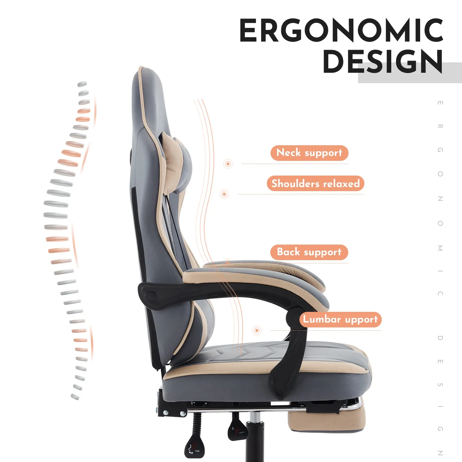 Gaming Chair, Ergonomic Computer Chair With Footrest And Massage Lumbar Support, Height Adjustable Swivel Video Game Chair For Adults, 300lb Max, Blue Beige
