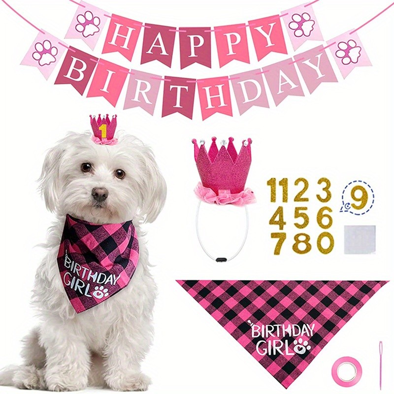 REALIKE Cute Pink Dress, Bandana, and Hat for Dog Birthday