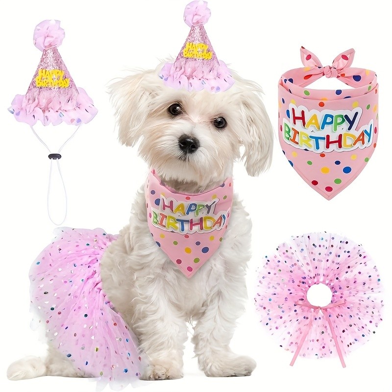 REALIKE Cute Pink Dress, Bandana, and Hat for Dog Birthday