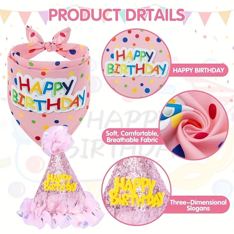 REALIKE Cute Pink Dress, Bandana, and Hat for Dog Birthday