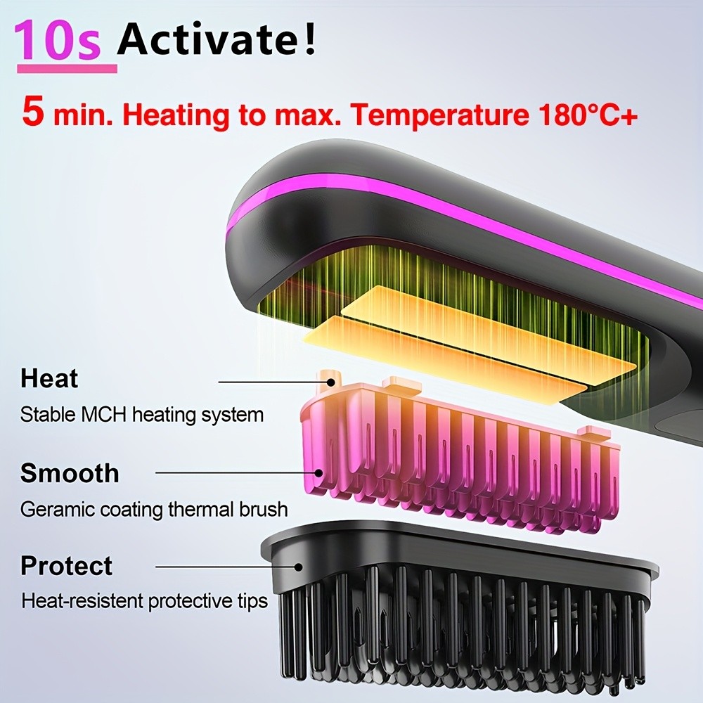 GENAI Cordless Hair Straightener Brush Rapid Heating & Anti-Scald USB Rechargeable Hot Comb