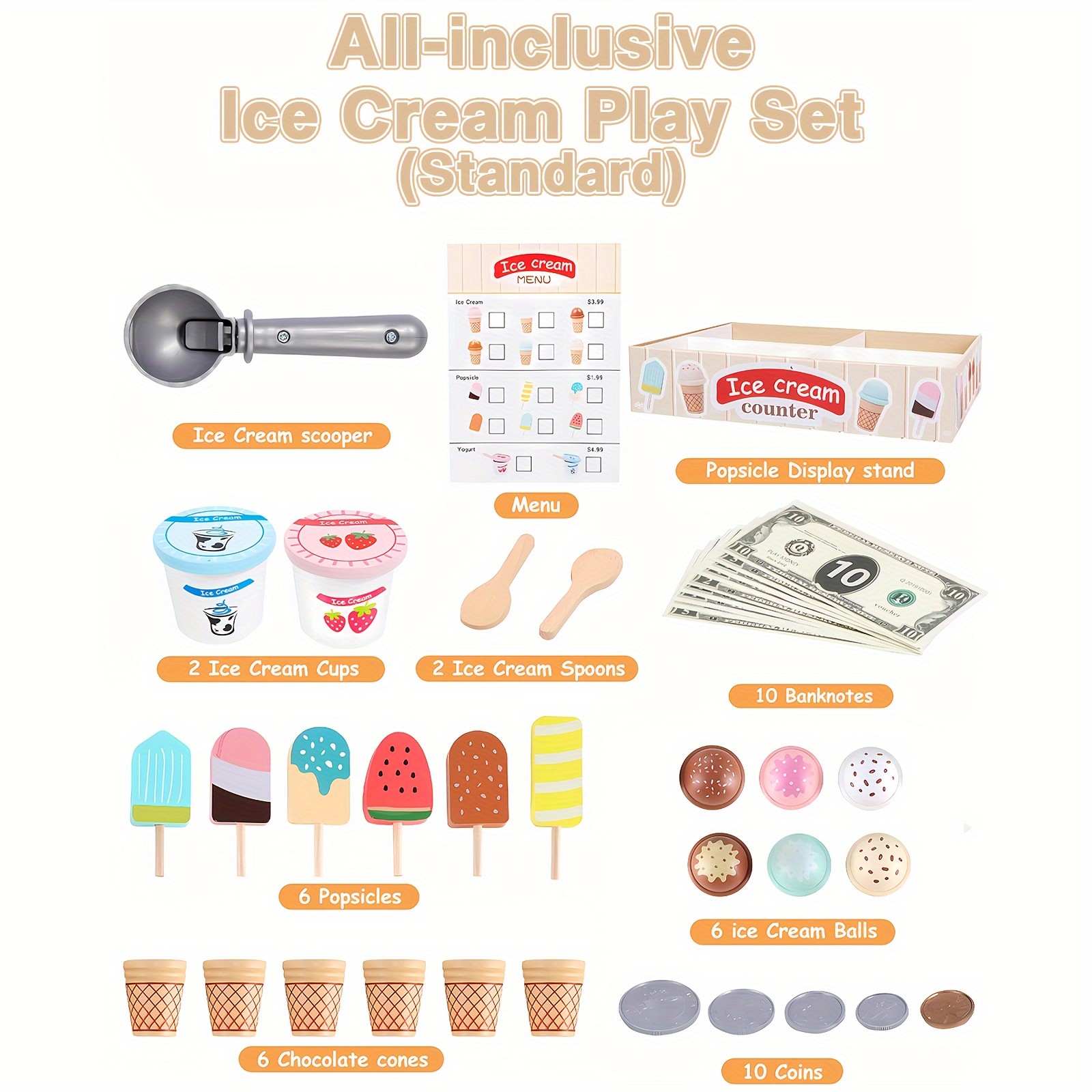 GENAI Ice Cream Counter Playset for Kids Wooden Pretend Play Ice Cream Shop Fun