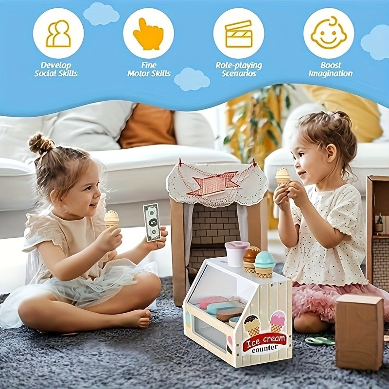 GENAI Ice Cream Counter Playset for Kids Wooden Pretend Play Ice Cream Shop Fun