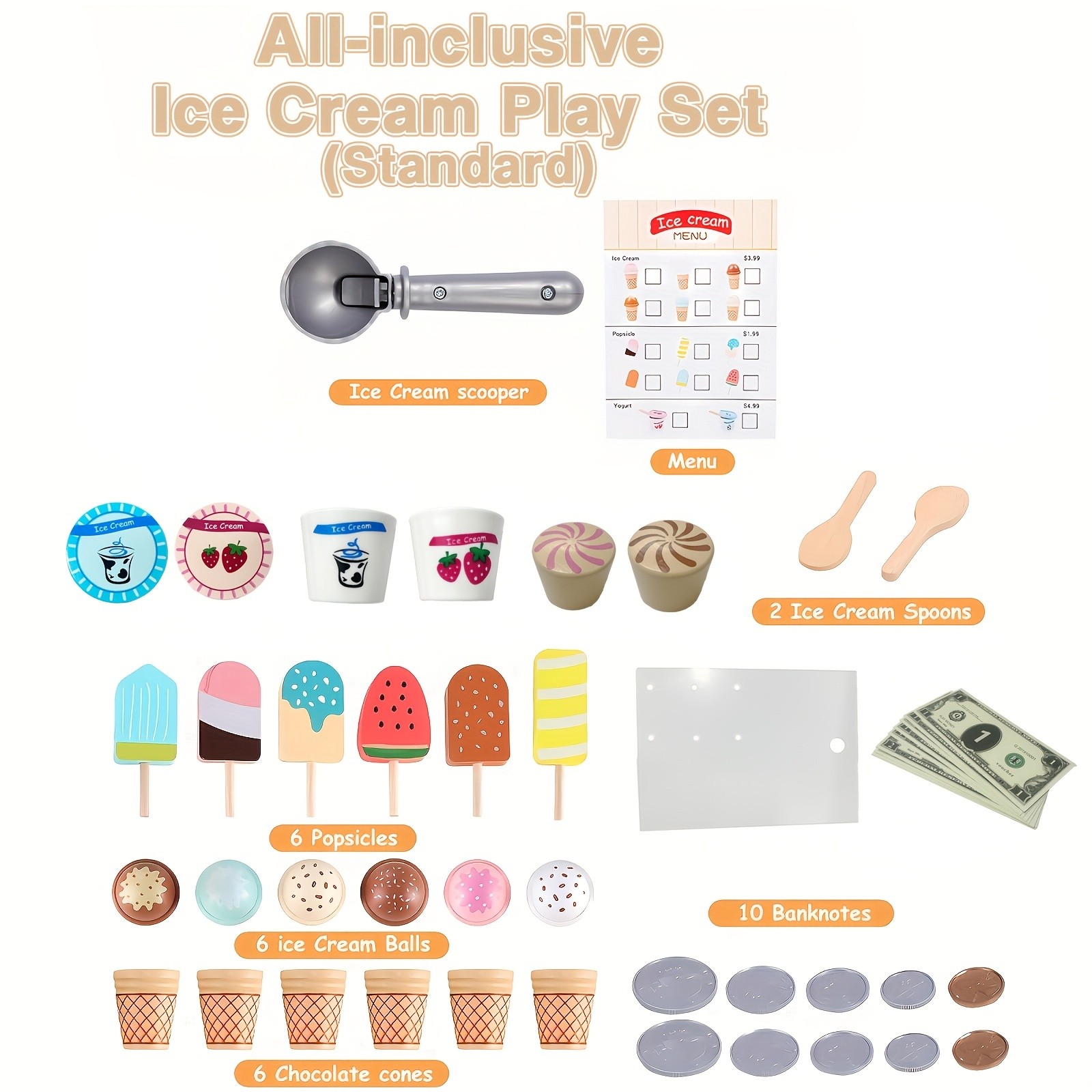 GENAI Ice Cream Counter Playset for Kids Wooden Pretend Play Ice Cream Shop Fun