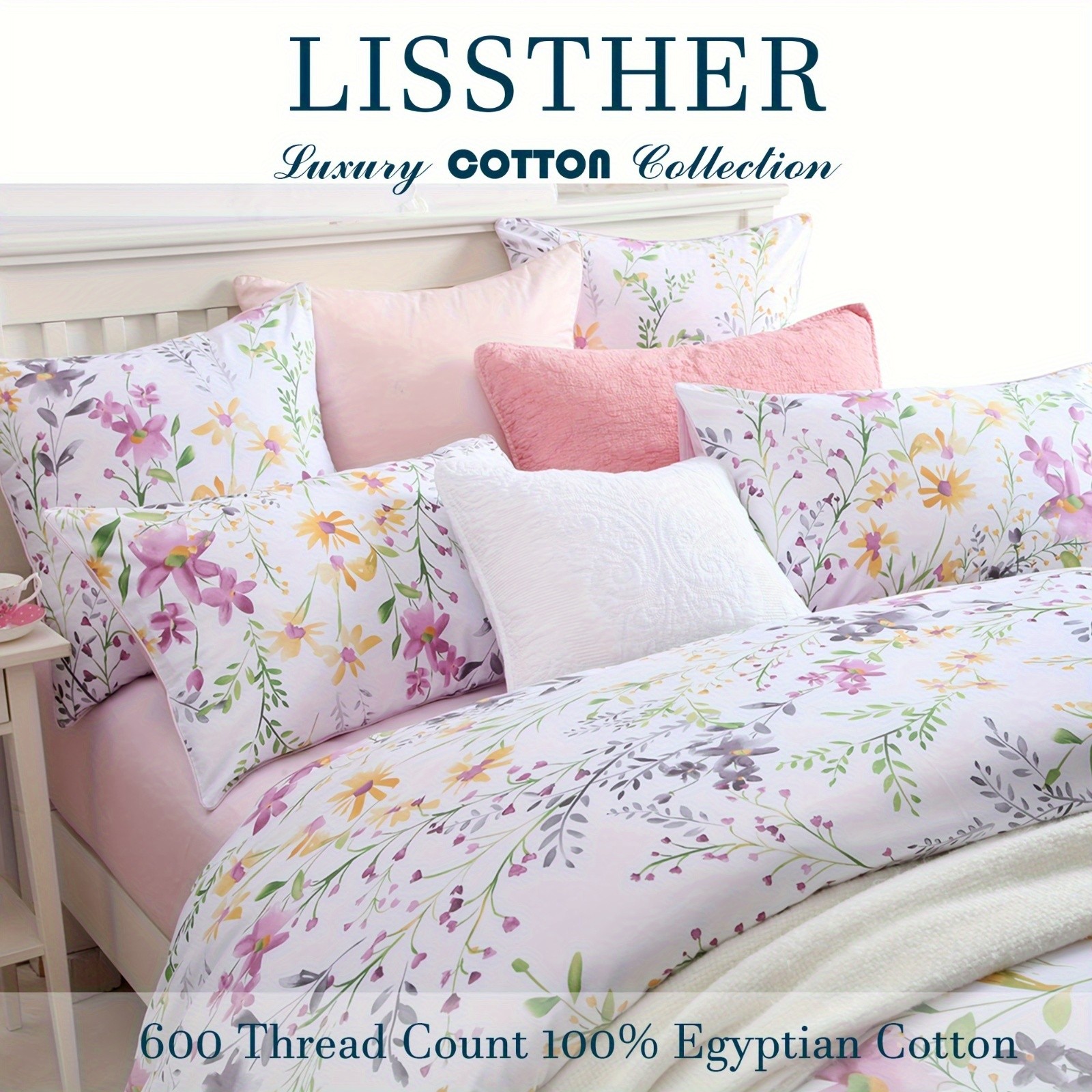 LISSTHER 3pcs 600 Thread Cotton Duvet Cover Set