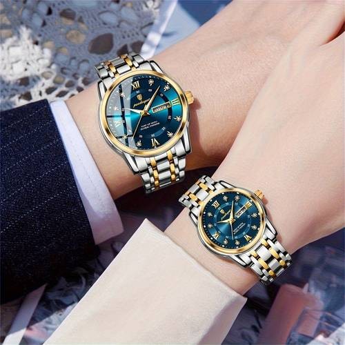 POEDAGAR His & Hers Matching Couple Watches Elegant Blue & Gold Timepieces for Timeless Love