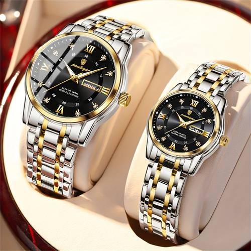 POEDAGAR His & Hers Matching Couple Watches Elegant Blue & Gold Timepieces for Timeless Love