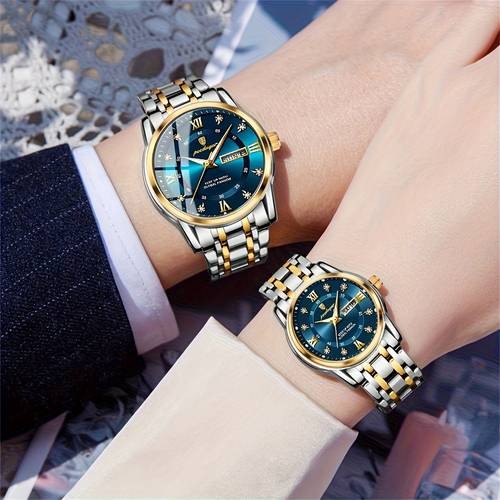 POEDAGAR His & Hers Matching Couple Watches Elegant Blue & Gold Timepieces for Timeless Love