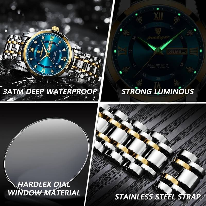POEDAGAR His & Hers Matching Couple Watches Elegant Blue & Gold Timepieces for Timeless Love