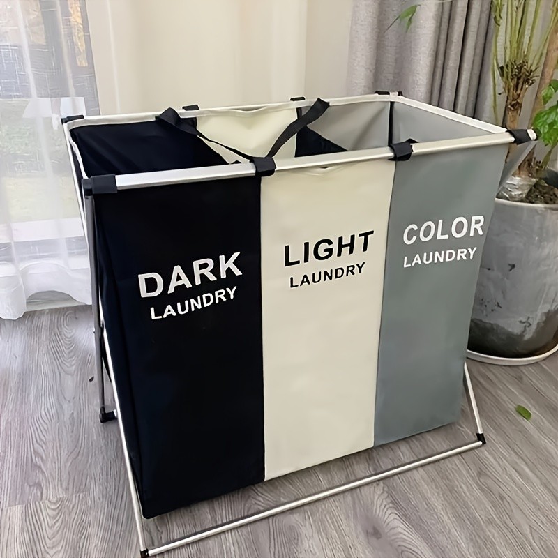 LONGKING 3-Compartment Folding Laundry Basket with Attached Bag