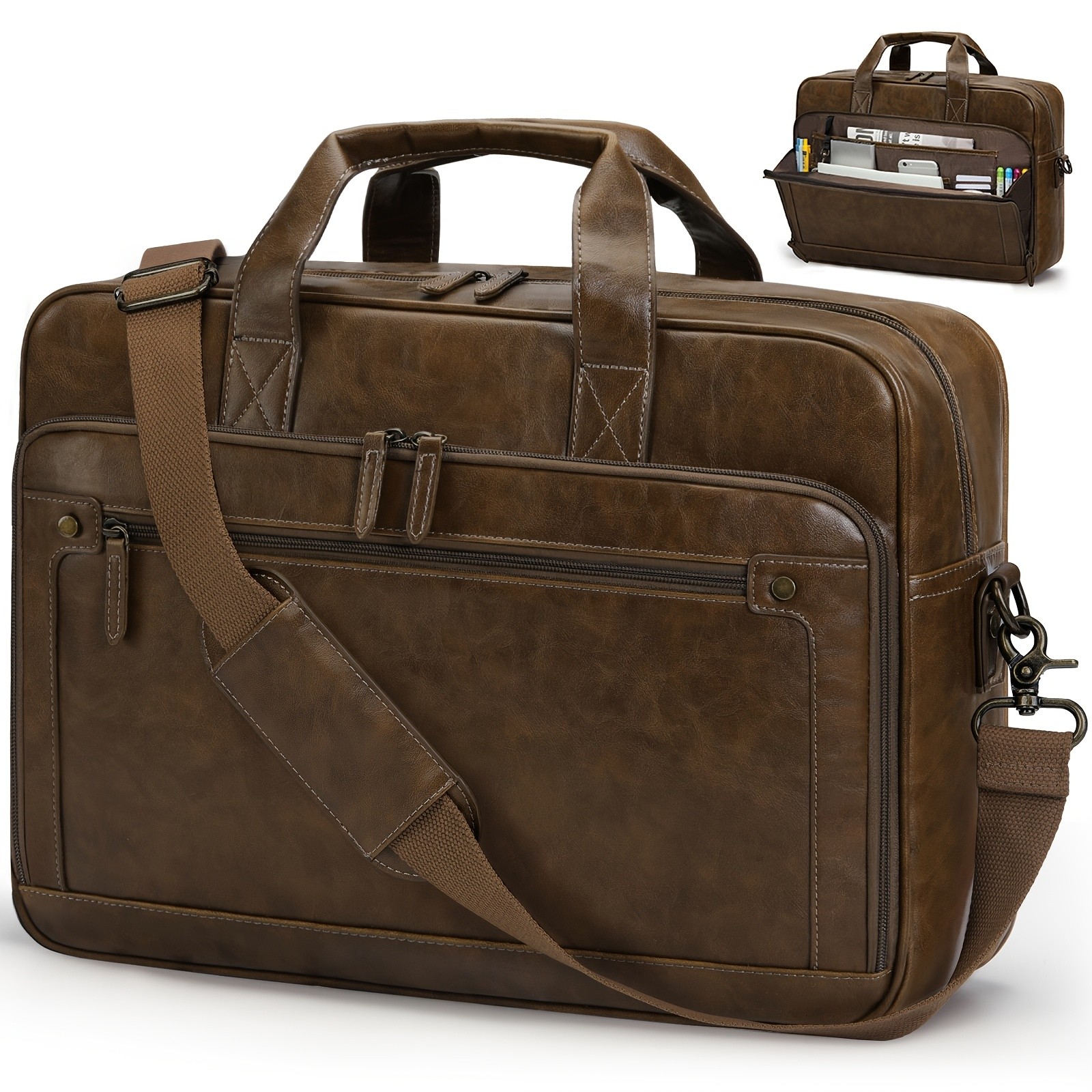 RAINSMORE Mens 16-Inch Laptop Bag Retro PU Leather Briefcase for Work, Business & Travel