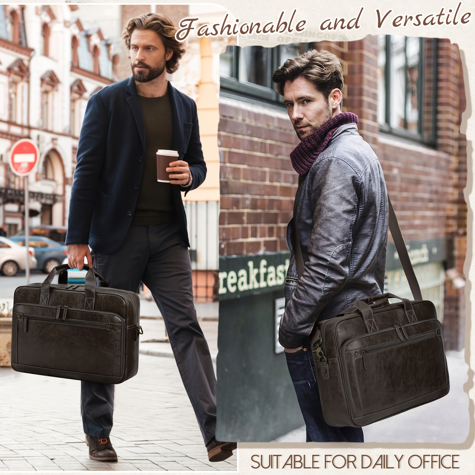 RAINSMORE Mens 16-Inch Laptop Bag Retro PU Leather Briefcase for Work, Business & Travel