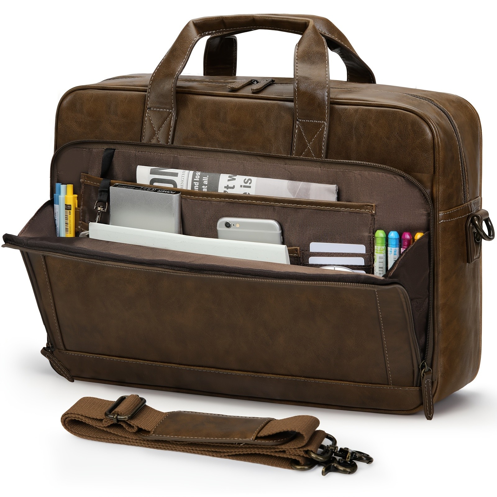 RAINSMORE Mens 16-Inch Laptop Bag Retro PU Leather Briefcase for Work, Business & Travel