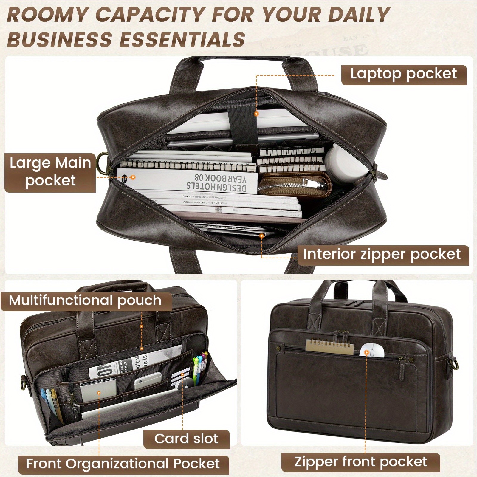 RAINSMORE Mens 16-Inch Laptop Bag Retro PU Leather Briefcase for Work, Business & Travel