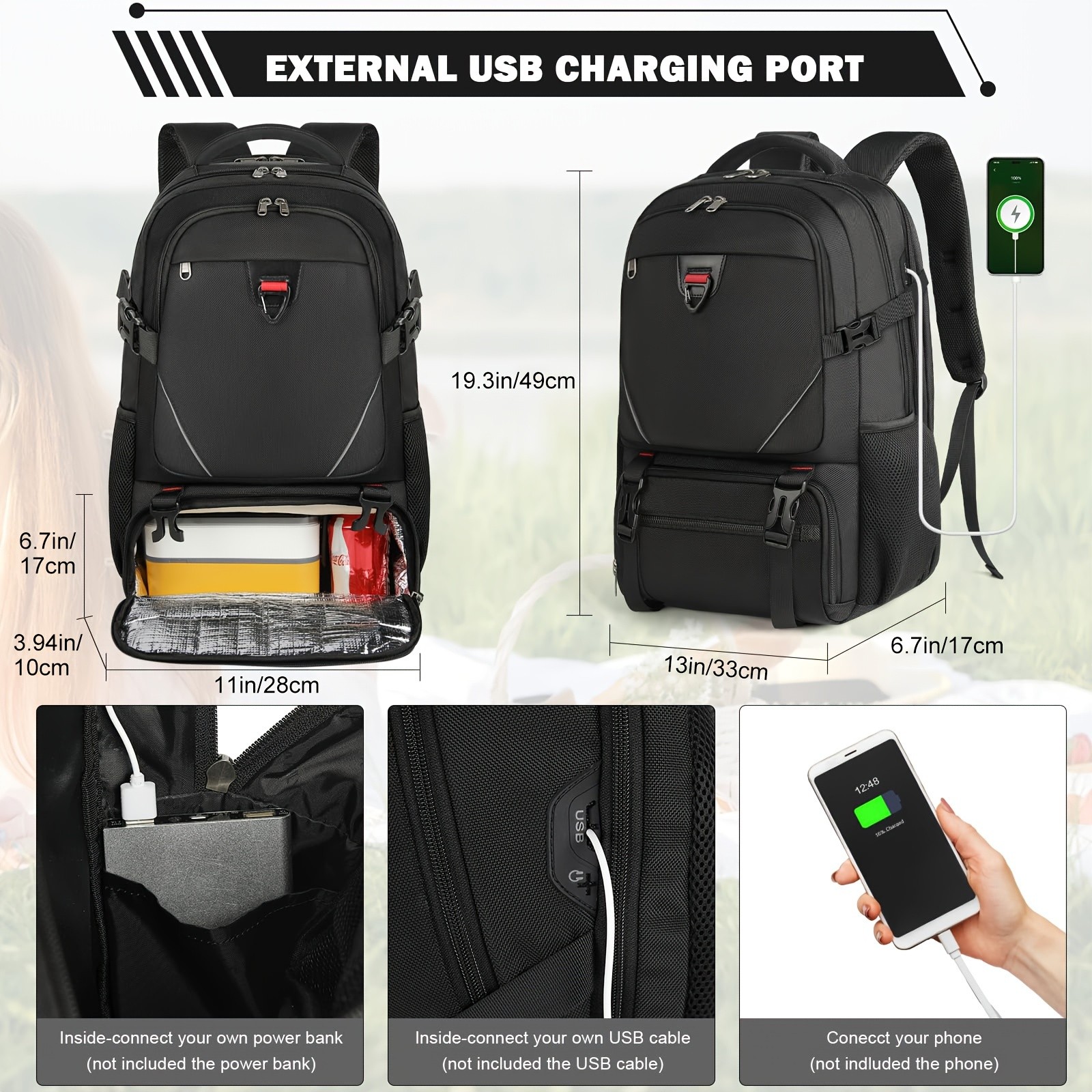 RAINSMORE 43.94 cm Laptop Backpack USB Charging, Lunch Compartment & Heavy-Duty Design for Work & Travel