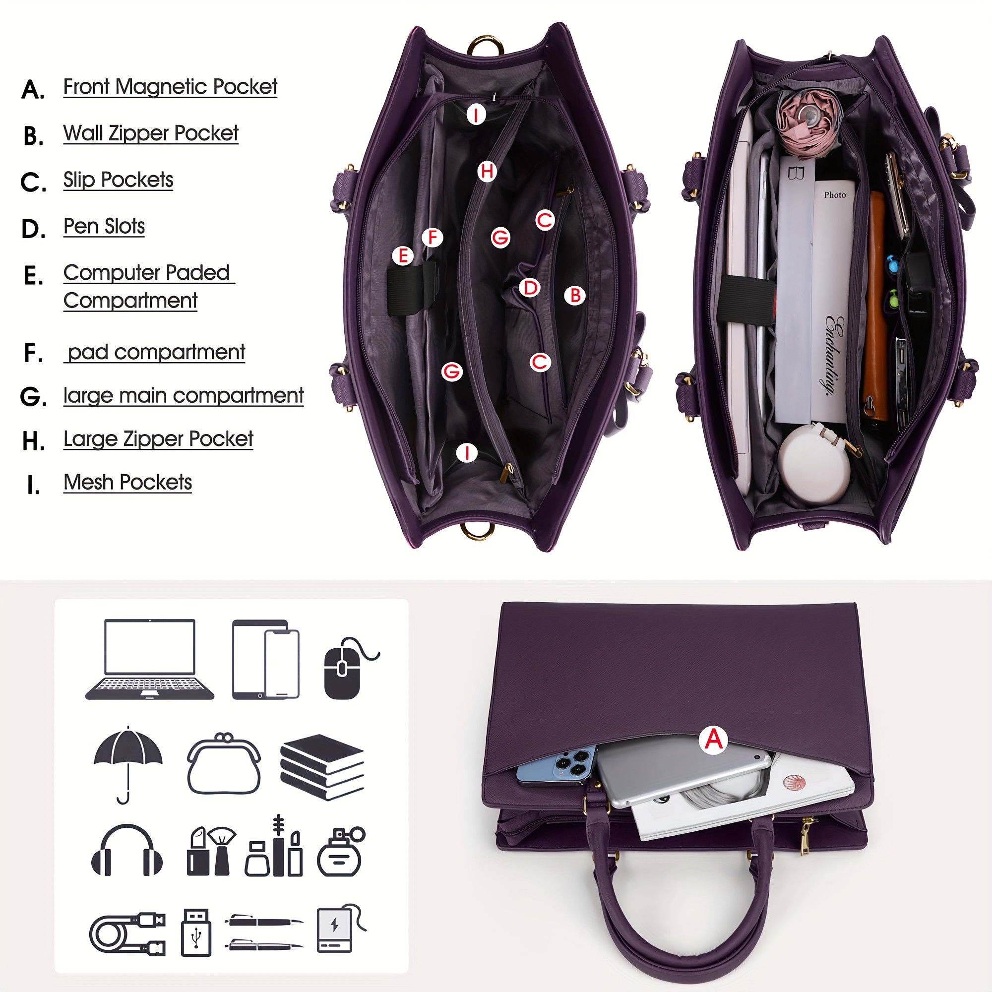 RAINSMORE Womens 39.62 cm Laptop Bag Elegant Deep Purple Tote for Work, Travel & School