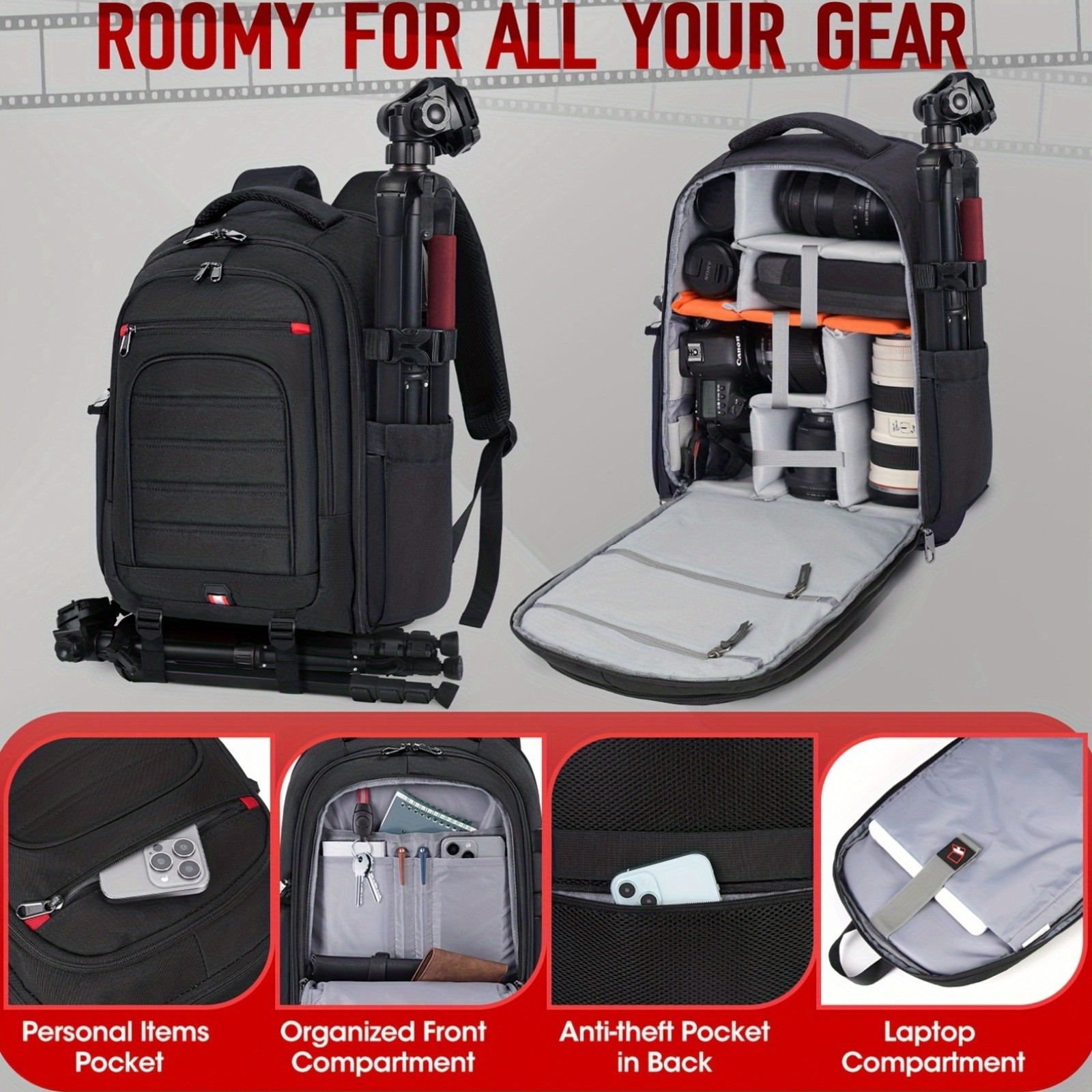 RAINSMORE Camera & Laptop Backpack Anti-Theft 15.6" Photography Bag with Tripod Holder