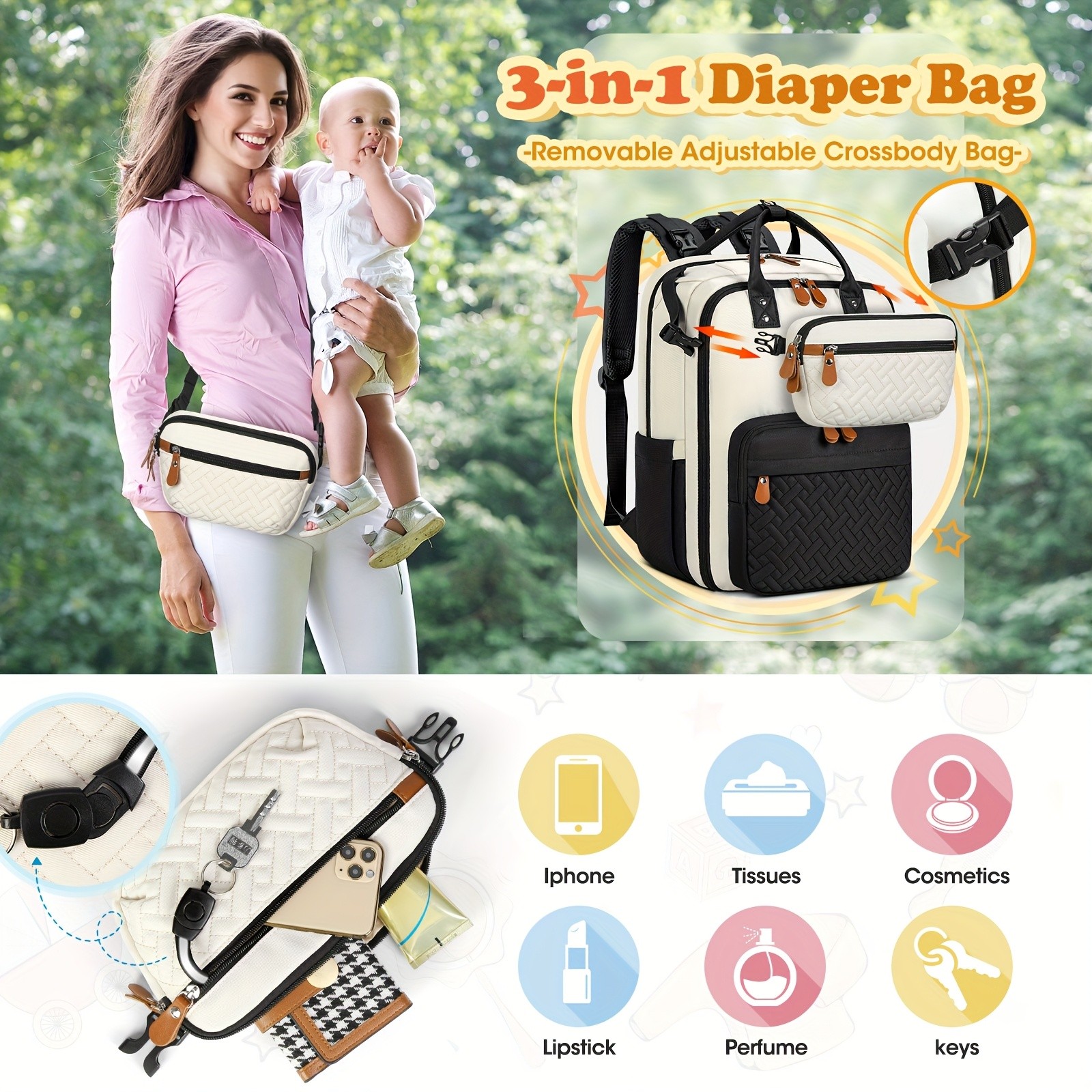 RAINSMORE Detachable Crossbody & Diaper Backpack Playful Cartoon Bear Design for Modern Kiwi Parents