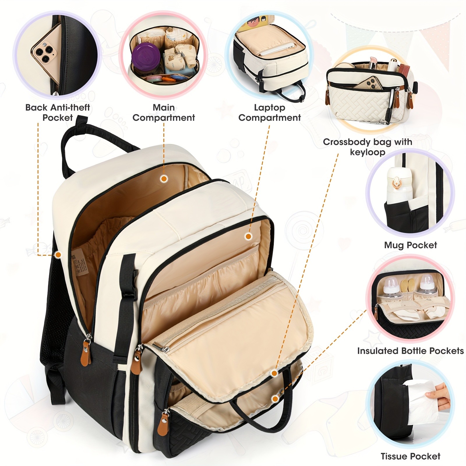RAINSMORE Detachable Crossbody & Diaper Backpack Playful Cartoon Bear Design for Modern Kiwi Parents
