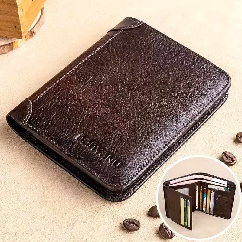 BANYANU Mens Genuine Leather Short Wallet Brown Three-Fold Casual Wallet with Multi-Card Holder & Anti-Theft Protection