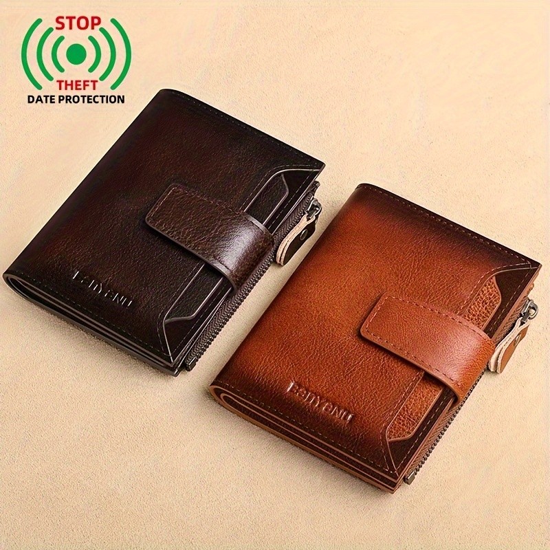 BANYANU Mens Genuine Leather Wallet  Slim Vertical RFID-Blocking Wallet with Zipper Closure & Multi-Card Storage