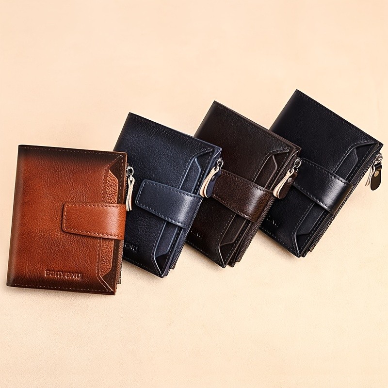 BANYANU Mens Genuine Leather Wallet  Slim Vertical RFID-Blocking Wallet with Zipper Closure & Multi-Card Storage