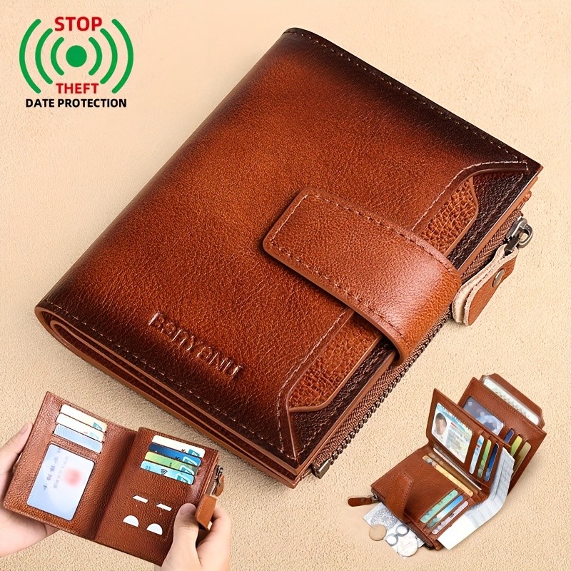 BANYANU Mens Genuine Leather Wallet  Slim Vertical RFID-Blocking Wallet with Zipper Closure & Multi-Card Storage