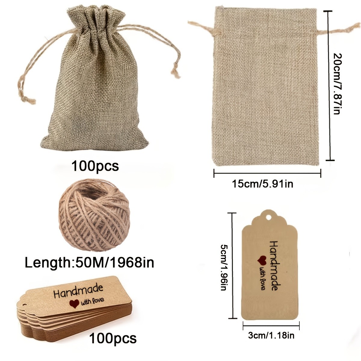 100pcs Hemp Rope Bags with 50M/roll Hemp Rope and 100pcs Card Labels