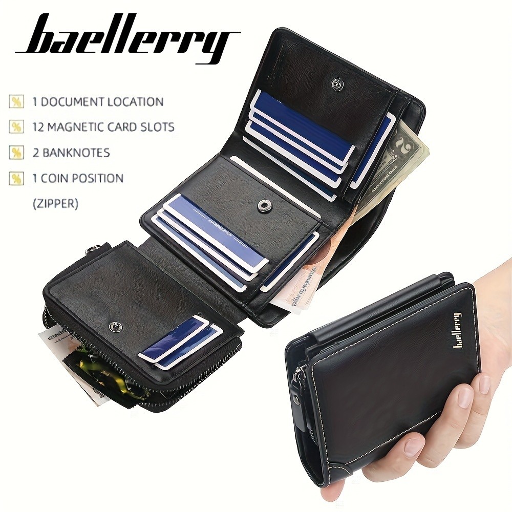 BAELLERRY Mens 13-Card Vintage Tri-Fold Buckle Wallet Faux Leather with Zipper Coin Purse