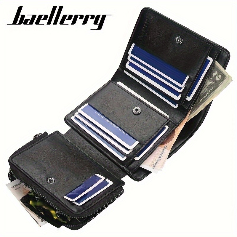 BAELLERRY Mens 13-Card Vintage Tri-Fold Buckle Wallet Faux Leather with Zipper Coin Purse