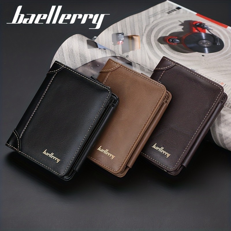 BAELLERRY Mens 13-Card Vintage Tri-Fold Buckle Wallet Faux Leather with Zipper Coin Purse