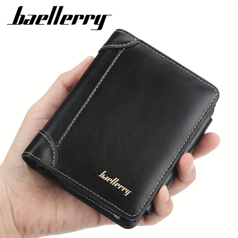 BAELLERRY Mens 13-Card Vintage Tri-Fold Buckle Wallet Faux Leather with Zipper Coin Purse