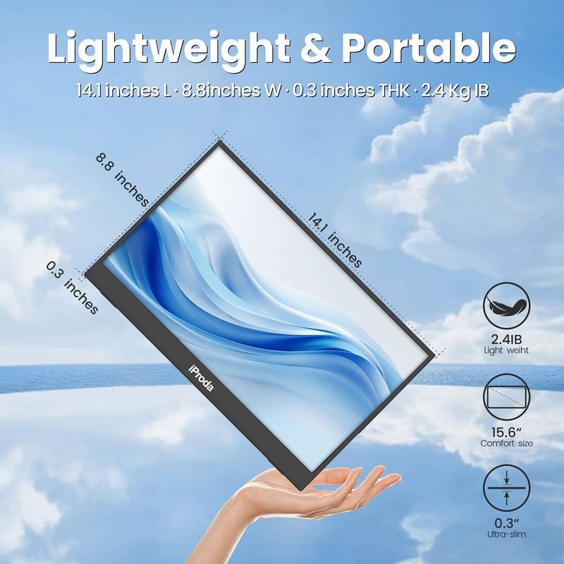 IPRODA 15.6" Portable Monitor Full HD IPS Display for Gaming, Travel & Productivity