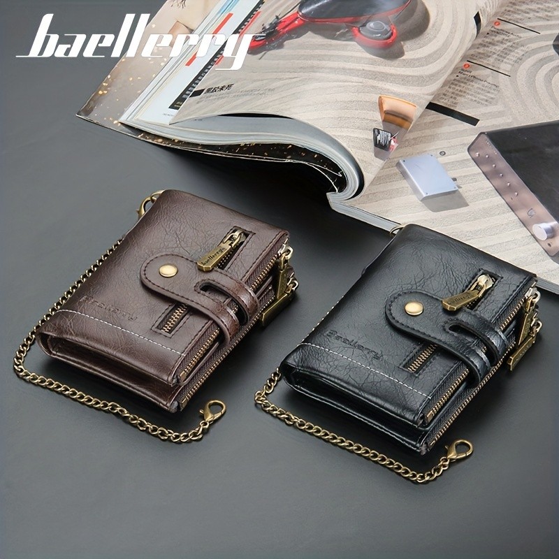 BAELLERRY Mens Business Retro Short Wallet Faux Leather Multi-Card Double-Pull Bank Card Holder