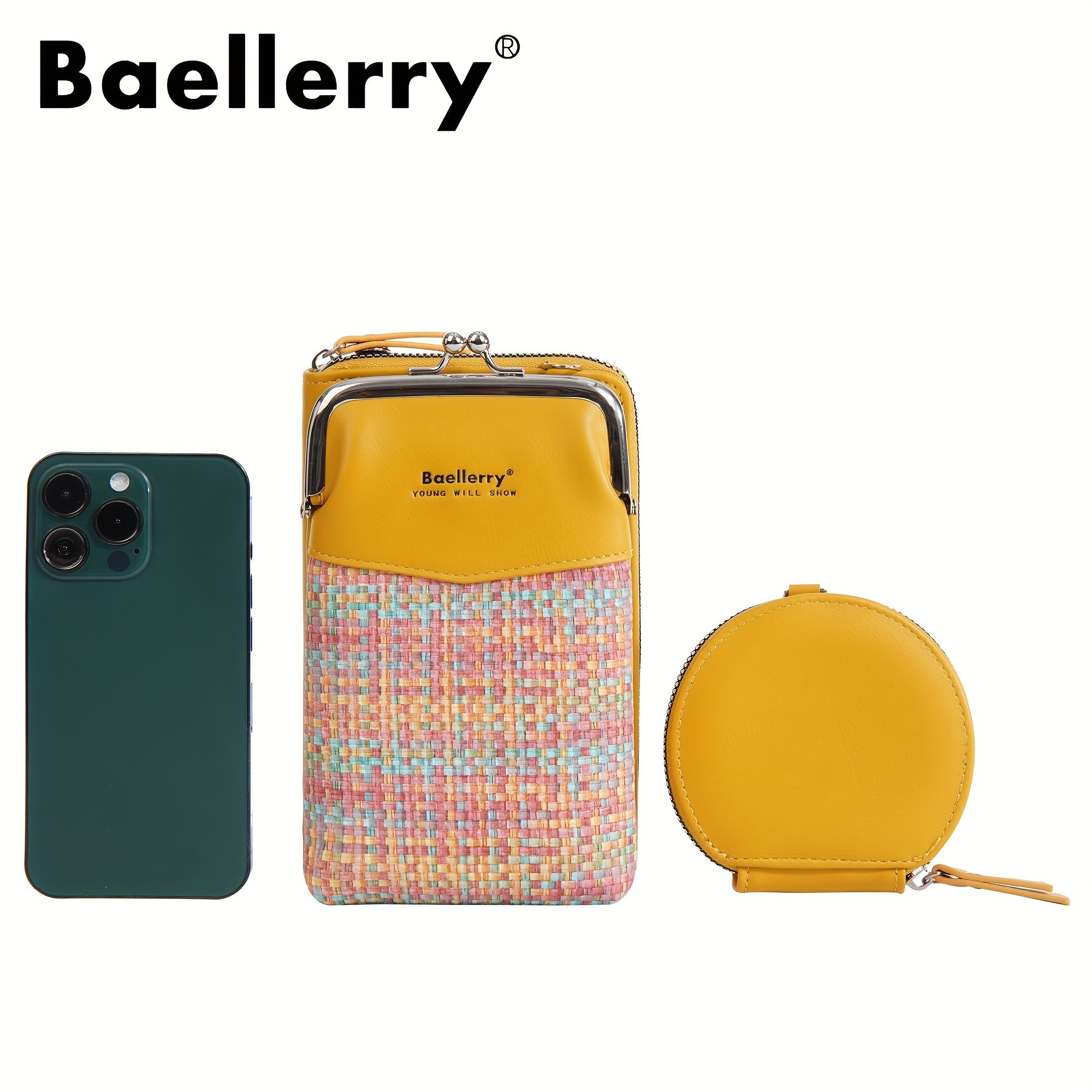 BAELLERRY Womens Mini Crossbody Bag Stylish Synthetic Shoulder Bag with Vibrant Yellow & Orange Zigzag Strap